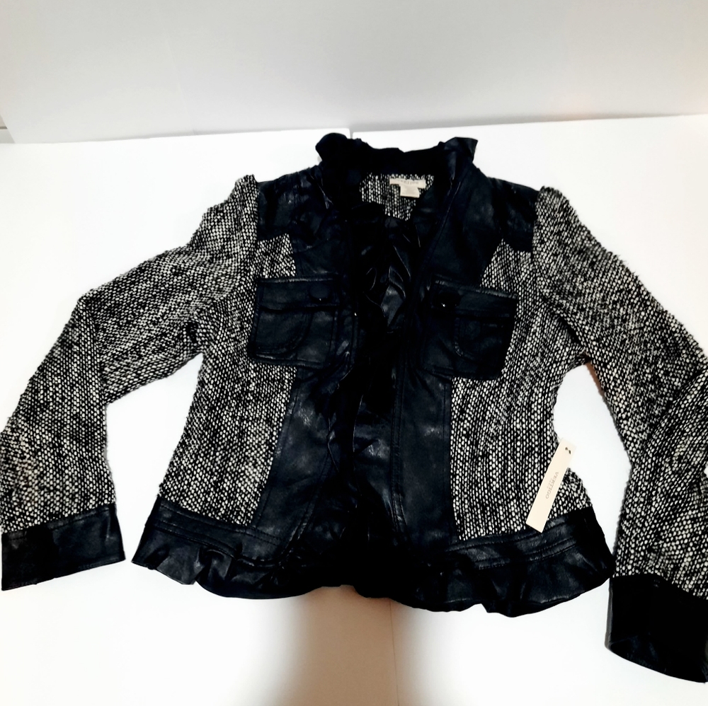 Vertigo Paris Tweed jacket, faux leather ruffled trim NWT!